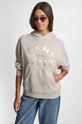 Bluza DKNY Jeansy z satynową aplikacją i logo wykonanym ściegiem łańcuszkowym