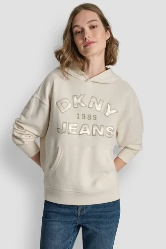 Bluza DKNY Jeansy z satynową aplikacją i logo wykonanym ściegiem łańcuszkowym