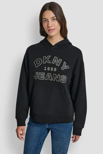 Bluza DKNY Jeansy z satynową aplikacją i logo wykonanym ściegiem łańcuszkowym