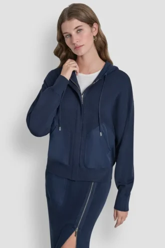 Bluza z kapturem i zapięciem na zamek, z opadającymi ramionami