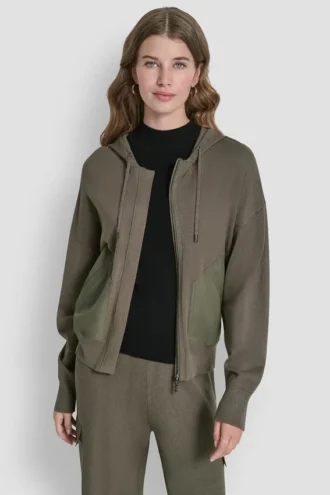 Bluza z kapturem i zapięciem na zamek, z opadającymi ramionami