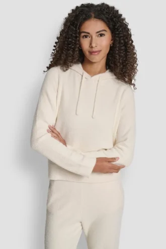 Bluza z kapturem z przędzy piórkowej, ze sznurkami i logo w tym samym kolorze