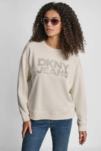 Bluza z okrągłym dekoltem i logo DKNY z ćwiekami z cyrkoniami
