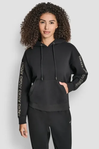 Luźna bluza z kapturem z logo z cyrkoniami na rękawach