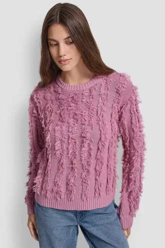 Sweter z długim rękawem i okrągłym dekoltem z przeszyciami frędzli