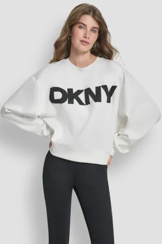 Sweter z długimi rękawami, miękkim materiałem typu scuba i logo