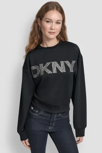 Sweter z długimi rękawami, miękkim materiałem typu scuba i logo