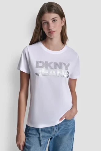 T-shirt DKNY Jeans z warstwowym logo z Cyrkoniami